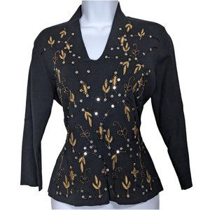 Peck & Peck Black silk blend V-Neck Sweater sequins beads Women's Size M